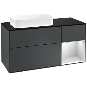 Villeroy et Boch Finion Villeroy et Boch F282MTHG 120cm, plaque de finition noir mat, étagère à droite laqué blanc mat, Midnight Blue Matt Lacquer