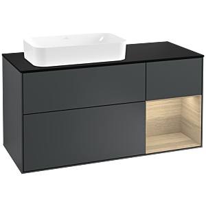 Villeroy und Boch Finion Waschtischunterschrank F282PCHG 120cm, Abdeckplatte black matt, Regal rechts Oak Veneer, Midnight Blue Matt Lacquer