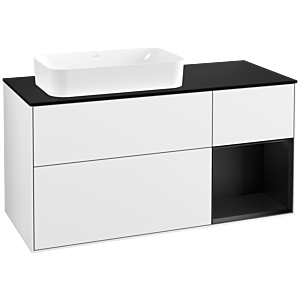 Villeroy et Boch Finion Villeroy et Boch F282PDGF 120cm, plaque de finition noir mat, étagère à droite laqué noir mat, laqué blanc brillant