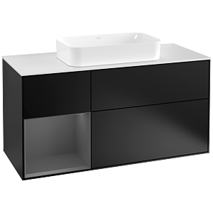 Villeroy und Boch Finion Waschtischunterschrank F291GKPD 120cm, Abdeckplatte white matt, Regal links Anthracite matt, Black matt lacquer