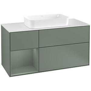 Villeroy und Boch Finion Waschtischunterschrank F291GMGM 120cm, Abdeckplatte white matt, Regal links Olive Matt Lacquer, Olive Matt Lacquer