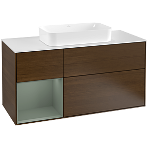 Villeroy und Boch Finion Waschtischunterschrank F291GMGN 120cm, Abdeckplatte white matt, Regal links Olive Matt Lacquer, Walnut veneer
