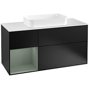 Villeroy und Boch Finion Waschtischunterschrank F291GMPD 120cm, Abdeckplatte white matt, Regal links Olive Matt Lacquer, Black matt lacquer