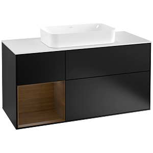 Villeroy et Boch Finion Villeroy et Boch F291GNPD 120cm, couvercle blanc mat, étagère gauche placage noyer, laqué noir mat