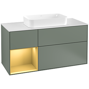 Villeroy und Boch Finion Waschtischunterschrank F291HFGM 120cm, Abdeckplatte white matt, Regal links Gold matt, Olive Matt Lacquer
