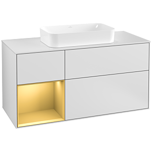 Villeroy und Boch Finion Waschtischunterschrank F291HFMT 120cm, Abdeckplatte white matt, Regal links Gold matt, White matt lacquer