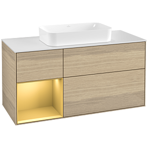 Villeroy und Boch Finion Waschtischunterschrank F291HFPC 120cm, Abdeckplatte white matt, Regal links Gold matt, Oak Veneer