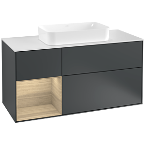 Villeroy und Boch Finion Waschtischunterschrank F291PCHG 120cm, Abdeckplatte white matt, Regal links Oak Veneer, Midnight Blue Matt Lacquer