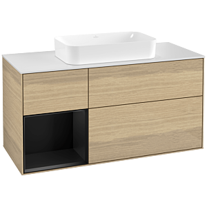 Villeroy et Boch Finion Villeroy et Boch F291PDPC 120cm, plaque de recouvrement blanc mat, étagère gauche laqué noir mat, Oak Veneer
