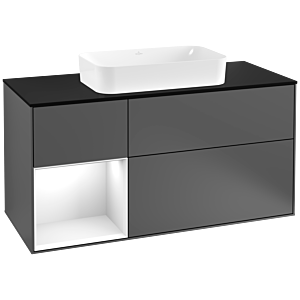 Villeroy und Boch Finion Waschtischunterschrank F292GFGK 120cm, Abdeckplatte black matt, Regal links Glossy white lacquer, Anthracite matt