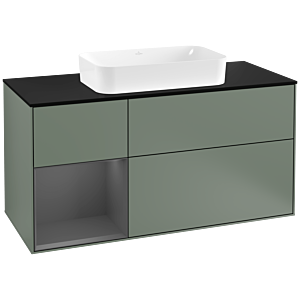 Villeroy und Boch Finion Waschtischunterschrank F292GKGM 120cm, Abdeckplatte black matt, Regal links Anthracite matt, Olive Matt Lacquer