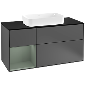 Villeroy und Boch Finion Waschtischunterschrank F292GMGK 120cm, Abdeckplatte black matt, Regal links Olive Matt Lacquer, Anthracite matt