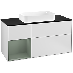 Villeroy und Boch Finion Waschtischunterschrank F292GMMT 120cm, Abdeckplatte black matt, Regal links Olive Matt Lacquer, White matt lacquer