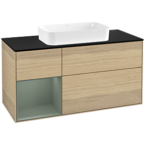 Villeroy und Boch Finion Waschtischunterschrank F292GMPC 120cm, Abdeckplatte black matt, Regal links Olive Matt Lacquer, Oak Veneer
