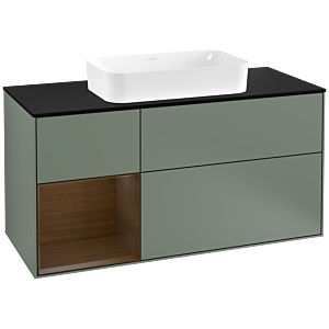Villeroy und Boch Finion Waschtischunterschrank F292GNGM 120cm, Abdeckplatte black matt, Regal links Walnut veneer, Olive Matt Lacquer