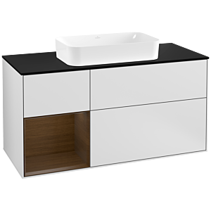 Villeroy und Boch Finion Waschtischunterschrank F292GNMT 120cm, Abdeckplatte black matt, Regal links Walnut veneer, White matt lacquer