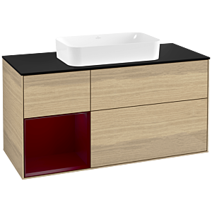 Villeroy und Boch Finion Waschtischunterschrank F292HBPC 120cm, Abdeckplatte black matt, Regal links Peony, Oak Veneer