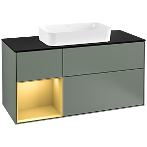 Villeroy und Boch Finion Waschtischunterschrank F292HFGM 120cm, Abdeckplatte black matt, Regal links Gold matt, Olive Matt Lacquer