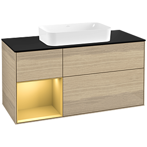Villeroy und Boch Finion Waschtischunterschrank F292HFPC 120cm, Abdeckplatte black matt, Regal links Gold matt, Oak Veneer