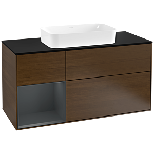 Villeroy und Boch Finion Waschtischunterschrank F292HGGN 120cm, Abdeckplatte black matt, Regal links Midnight Blue Matt Lacquer, Walnut veneer