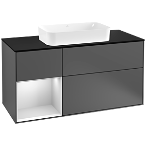 Villeroy und Boch Finion Waschtischunterschrank F292MTGK 120cm, Abdeckplatte black matt, Regal links White matt lacquer, Anthracite matt