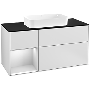 Villeroy und Boch Finion Waschtischunterschrank F292MTMT 120cm, Abdeckplatte black matt, Regal links White matt lacquer, White matt lacquer