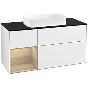 Villeroy und Boch Finion Waschtischunterschrank F292PCGF 120cm, Abdeckplatte black matt, Regal links Oak Veneer, Glossy white lacquer