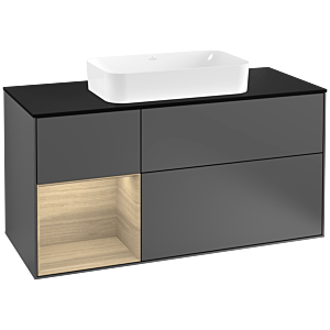 Villeroy und Boch Finion Waschtischunterschrank F292PCGK 120cm, Abdeckplatte black matt, Regal links Oak Veneer, Anthracite matt