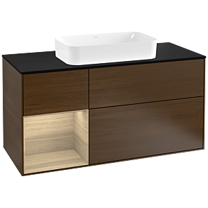 Villeroy und Boch Finion Waschtischunterschrank F292PCGN 120cm, Abdeckplatte black matt, Regal links Oak Veneer, Walnut veneer