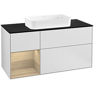 Villeroy und Boch Finion Waschtischunterschrank F292PCMT 120cm, Abdeckplatte black matt, Regal links Oak Veneer, White matt lacquer