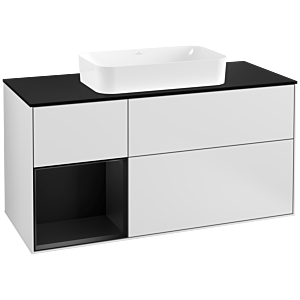 Villeroy und Boch Finion Waschtischunterschrank F292PDMT 120cm, Abdeckplatte black matt, Regal links Black matt lacquer, White matt lacquer