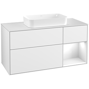 Villeroy et Boch Finion Villeroy et Boch F301GFGF 120cm, plaque de finition blanc mat, étagère à droite laqué blanc brillant, laqué blanc brillant