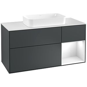 Villeroy und Boch Finion Waschtischunterschrank F301GFHG 120cm, Abdeckplatte white matt, Regal rechts Glossy white lacquer, Midnight Blue Matt Lacquer