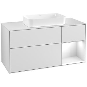 Villeroy et Boch Finion Villeroy et Boch F301GFMT 120cm, plaque de recouvrement blanc mat, étagère à droite laqué blanc brillant, laqué blanc mat