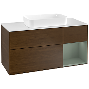 Villeroy und Boch Finion Waschtischunterschrank F301GMGN 120cm, Abdeckplatte white matt, Regal rechts Olive Matt Lacquer, Walnut veneer