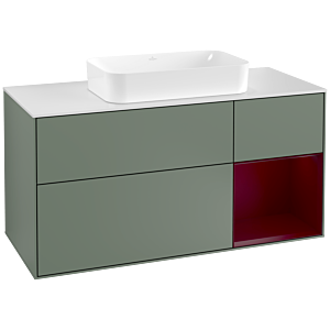 Villeroy und Boch Finion Waschtischunterschrank F301HBGM 120cm, Abdeckplatte white matt, Regal rechts Peony, Olive Matt Lacquer