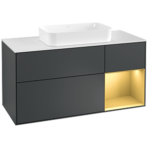 Villeroy und Boch Finion Waschtischunterschrank F301HFHG 120cm, Abdeckplatte white matt, Regal rechts Gold matt, Midnight Blue Matt Lacquer