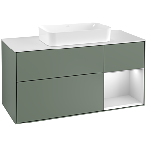 Villeroy und Boch Finion Waschtischunterschrank F301MTGM 120cm, Abdeckplatte white matt, Regal rechts White matt lacquer, Olive Matt Lacquer