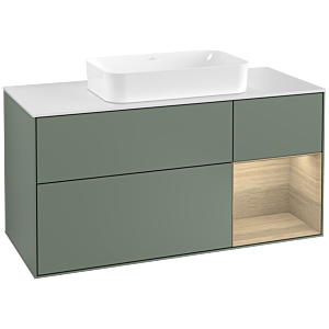 Villeroy und Boch Finion Waschtischunterschrank F301PCGM 120cm, Abdeckplatte white matt, Regal rechts Oak Veneer, Olive Matt Lacquer