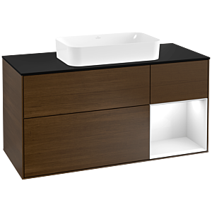 Villeroy und Boch Finion Waschtischunterschrank F302GFGN 120cm, Abdeckplatte black matt, Regal rechts Glossy white lacquer, Walnut veneer