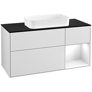 Villeroy und Boch Finion Waschtischunterschrank F302GFMT 120cm, Abdeckplatte black matt, Regal rechts Glossy white lacquer, White matt lacquer