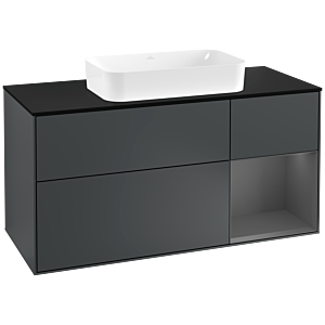 Villeroy und Boch Finion Waschtischunterschrank F302GKHG 120cm, Abdeckplatte black matt, Regal rechts Anthracite matt, Midnight Blue Matt Lacquer
