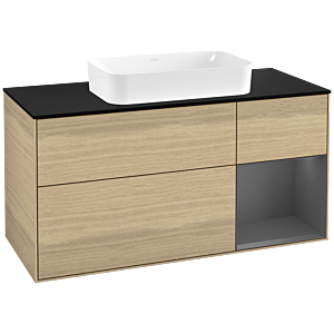 Villeroy und Boch Finion Waschtischunterschrank F302GKPC 120cm, Abdeckplatte black matt, Regal rechts Anthracite matt, Oak Veneer