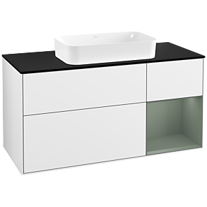 Villeroy und Boch Finion Waschtischunterschrank F302GMGF 120cm, Abdeckplatte black matt, Regal rechts Olive Matt Lacquer, Glossy white lacquer