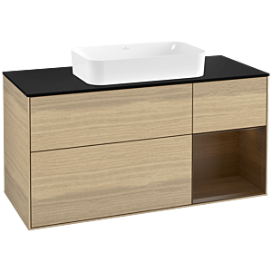 Villeroy und Boch Finion Waschtischunterschrank F302GNPC 120cm, Abdeckplatte black matt, Regal rechts Walnut veneer, Oak Veneer