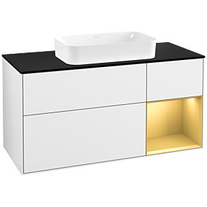 Villeroy et Boch Finion Villeroy et Boch F302HFGF 120cm, plaque de finition noir mat, étagère droite or mat, laqué blanc brillant