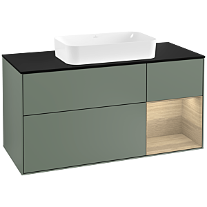 Villeroy und Boch Finion Waschtischunterschrank F302PCGM 120cm, Abdeckplatte black matt, Regal rechts Oak Veneer, Olive Matt Lacquer