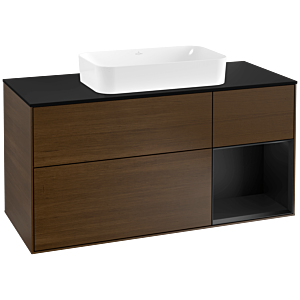 Villeroy und Boch Finion Waschtischunterschrank F302PDGN 120cm, Abdeckplatte black matt, Regal rechts Black matt lacquer, Walnut veneer