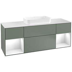 Villeroy et Boch Finion Villeroy et Boch F331GFGM 160x60,3cm, plaque de finition blanc mat, étagères laqué blanc brillant, Olive Matt Lacquer