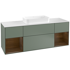 Villeroy et Boch Finion Villeroy et Boch F331GNGM 160x60,3cm, plaque de finition blanc mat, étagères placage noyer, Olive Matt Lacquer